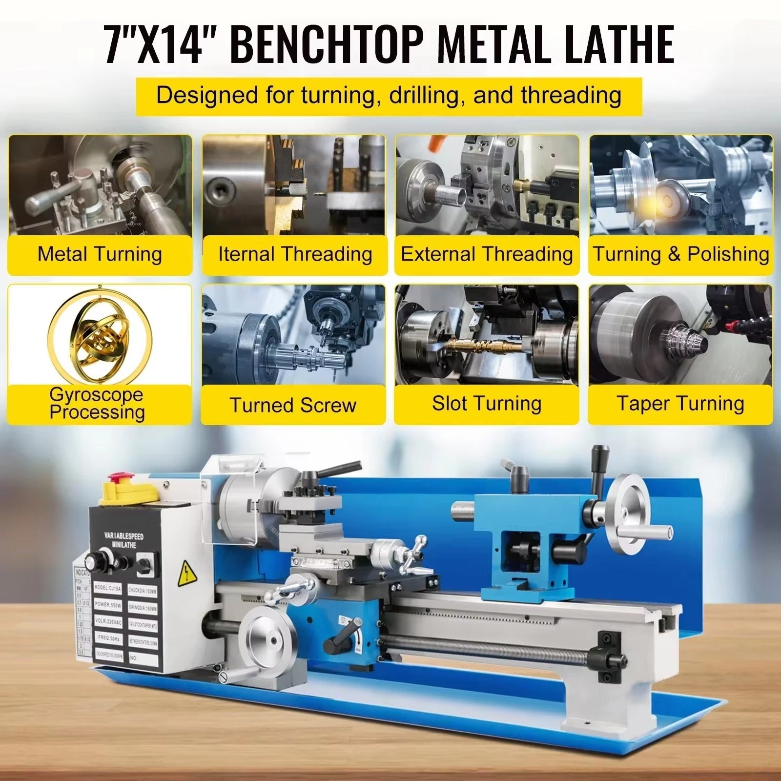 Sihao Lathe Mini Tornio Banco Metalli 7x14 550W EU