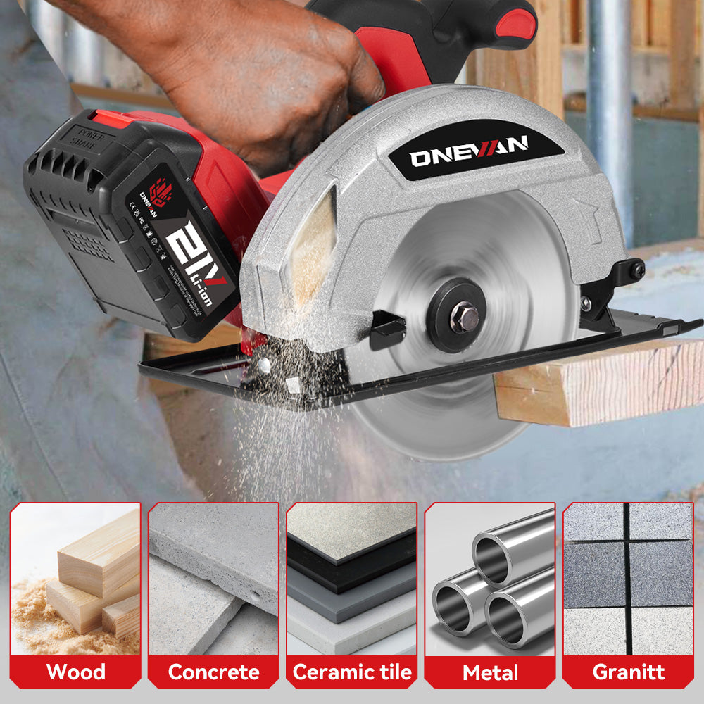 ONEVAN Woodworking Tools sega circolare 185mm 2 batterie 60 denti