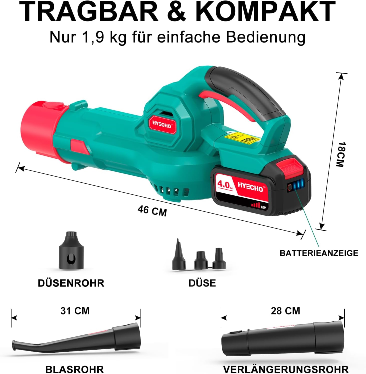 HYCHIKA soffiatore foglie batteria 18V 4.0Ah 223km/h