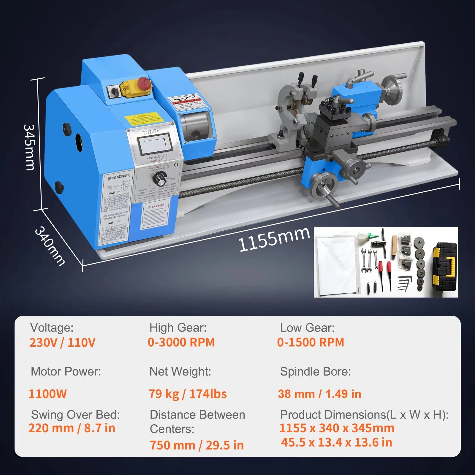 Sihao Lathe 220x600 mm Tornio Metalli 1100W Velocità Variabile