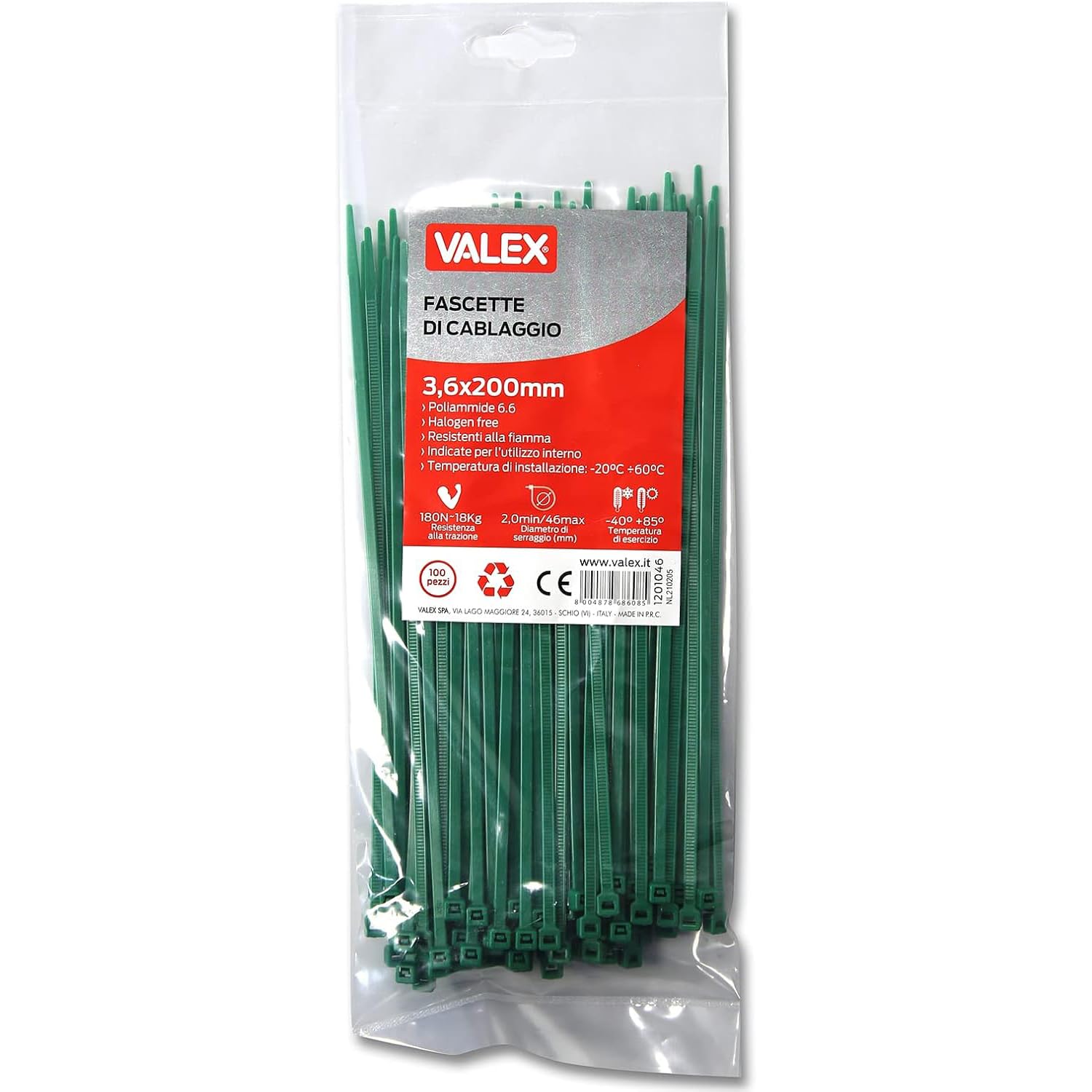 Valex Fascette verdi 200x3,6 mm 100 pezzi poliammide