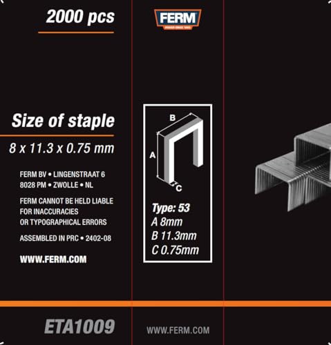 Ferm ETA1009 Graffette Tipo 53 8 mm 2000 Pezzi Zincate