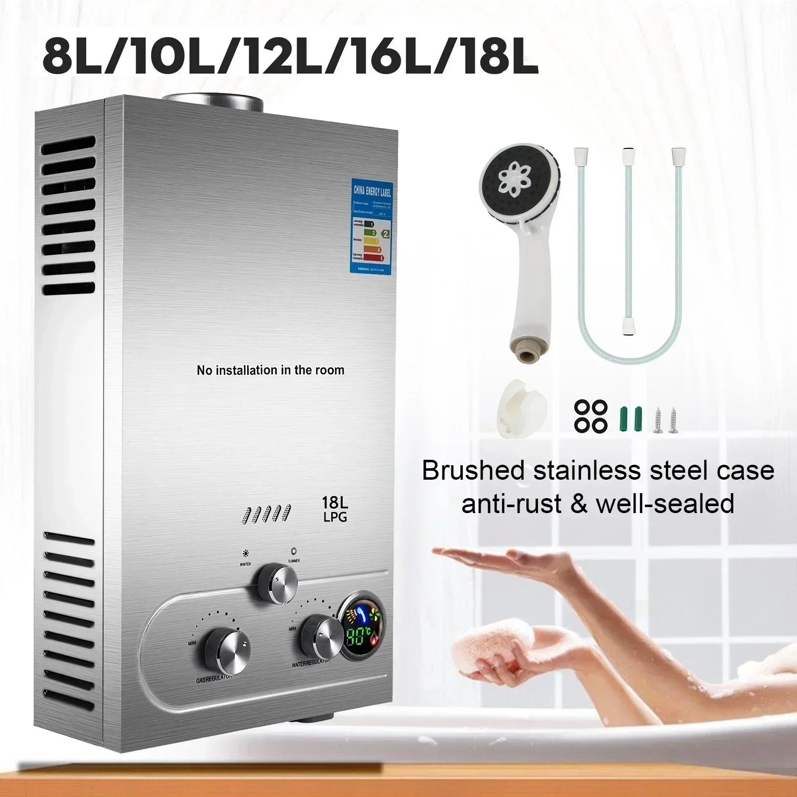 Sihao Scaldabagno gas GPL 12L da parete inox