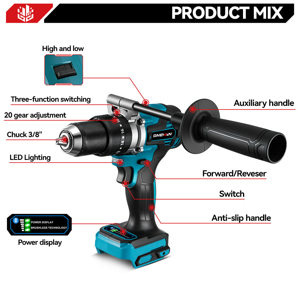 ONEVAN Home Improvement trapano 140N·m 13mm 2 batterie offerta