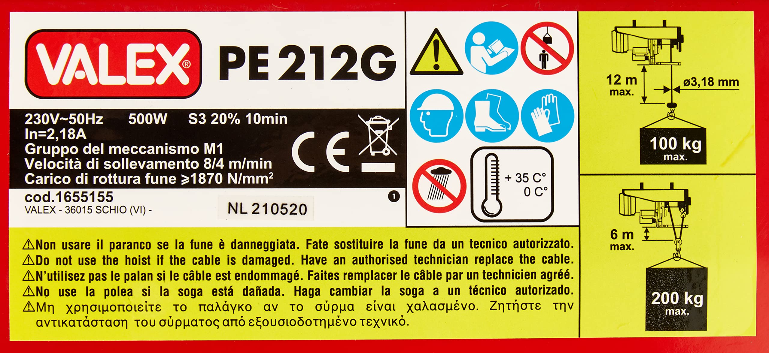 Valex PE212G paranco elettrico 500W 200kg 12m