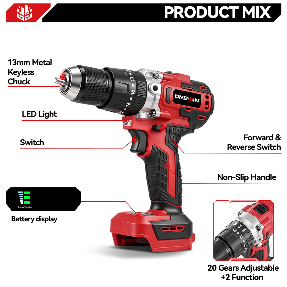 ONEVAN Home Improvement trapano percussione 13mm 150Nm 2 batterie