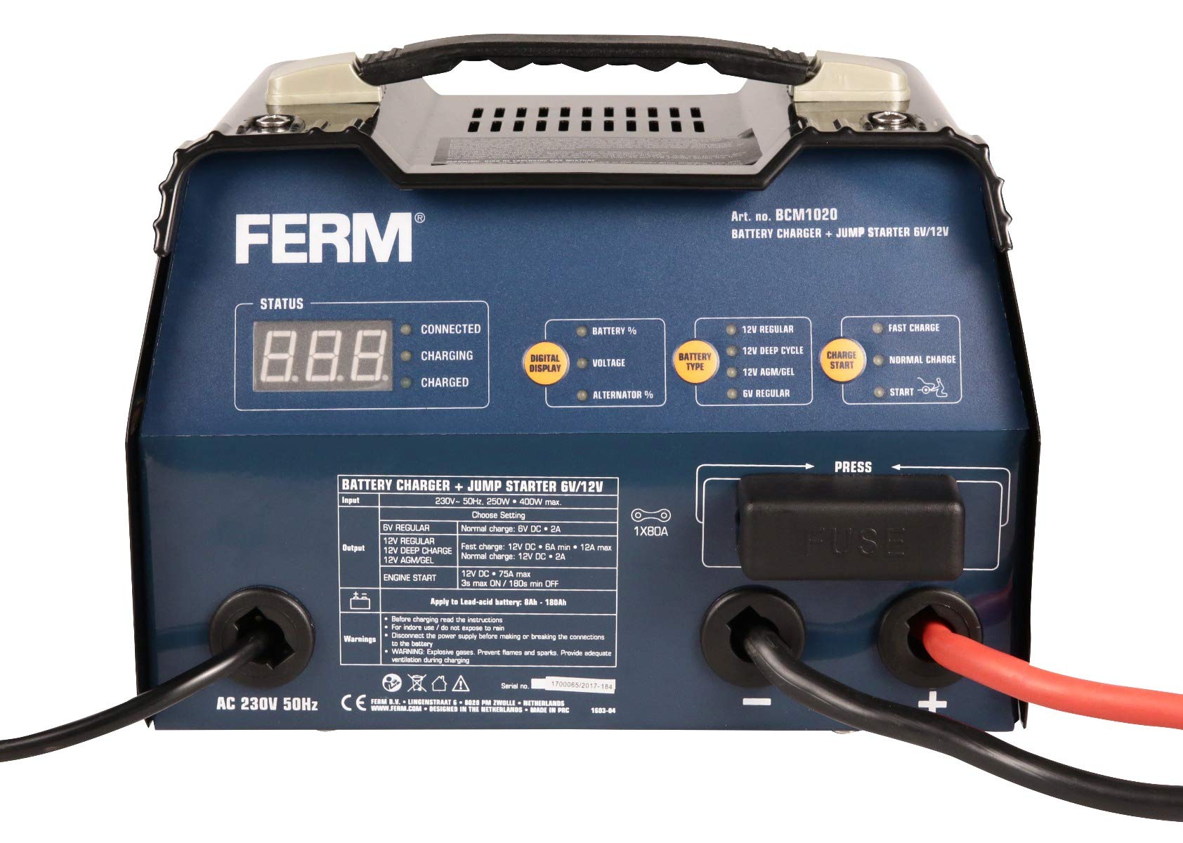 FERM BCM1020 Caricabatterie Auto 6-12V con Avviamento 75A