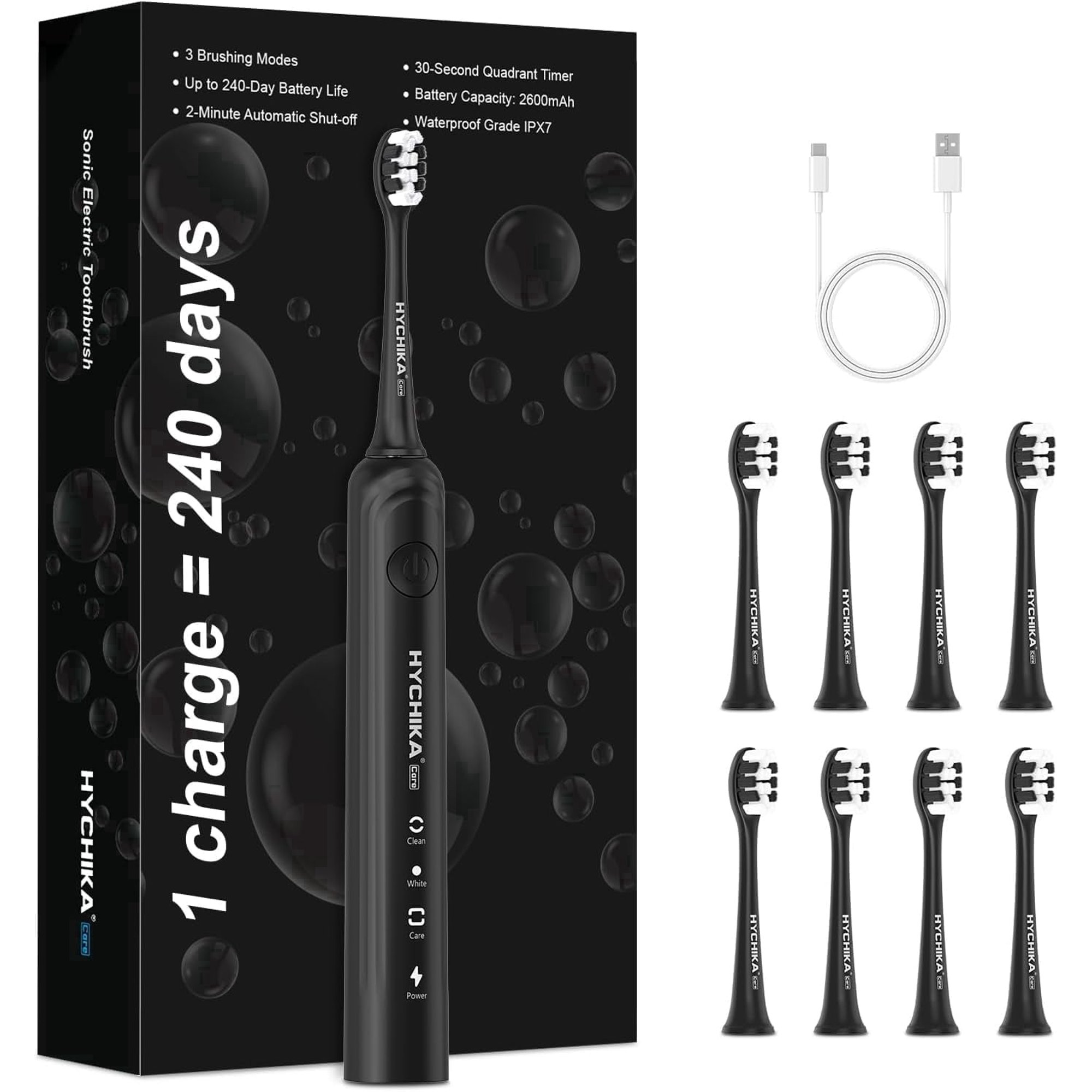 HYCHIKA Spazzolino Elettrico Nero 8 Testine 2500 mAh