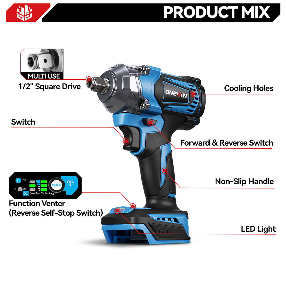 ONEVAN 1200N·m Avvitatore a Impulsi 1/2 + Lucidatrice 3Ah