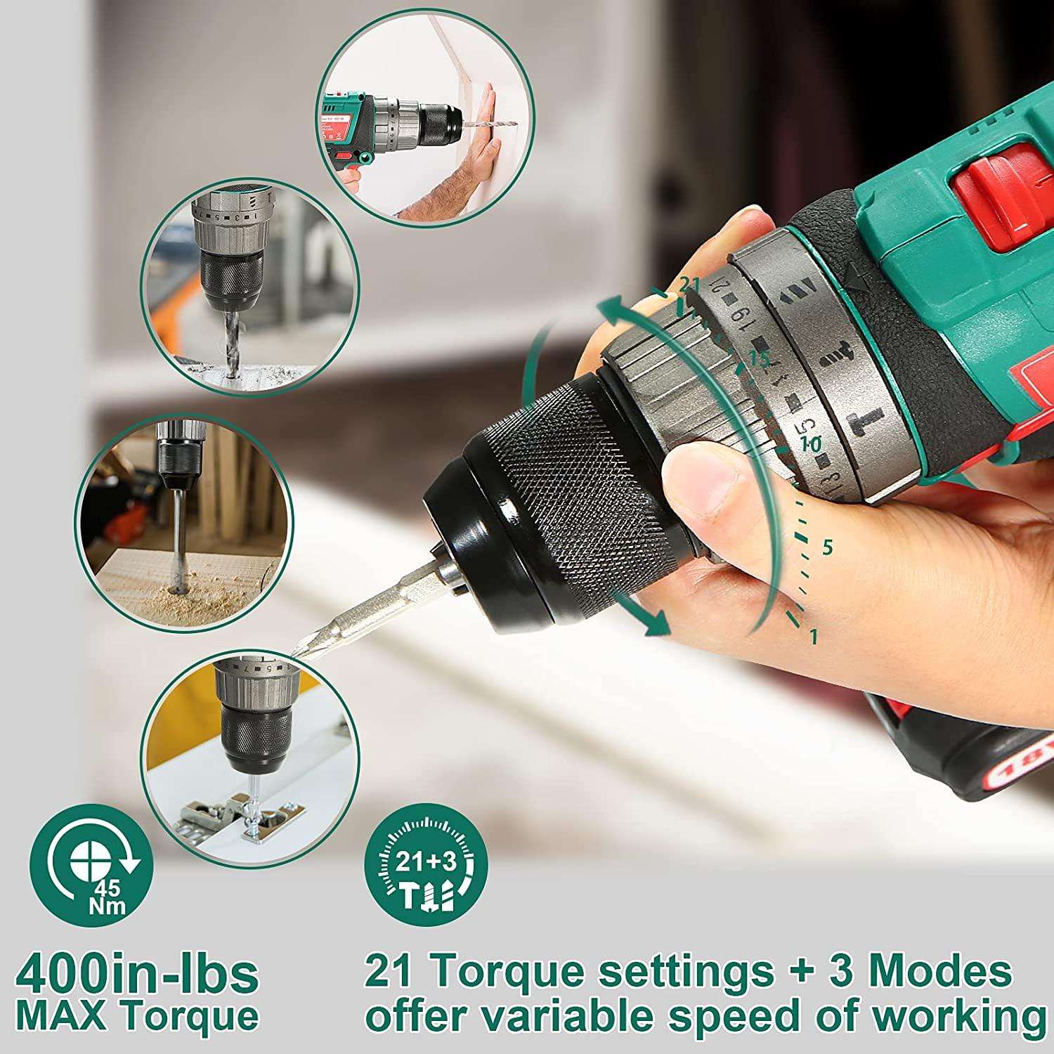 HYCHIKA Trapano Avvitatore 18V 45Nm con Batteria 27 Pezzi