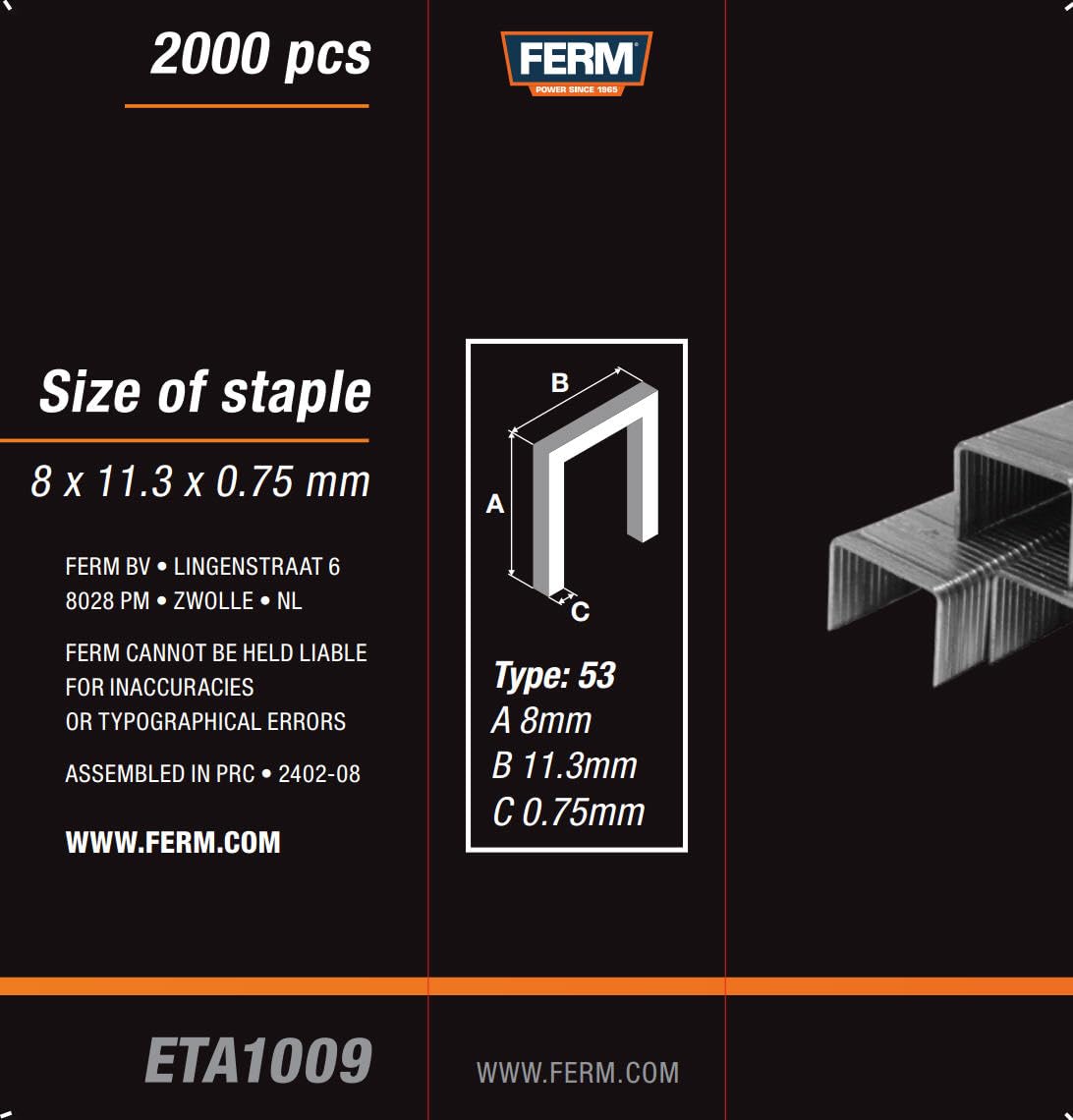 Ferm ETA1009 Graffette Tipo 53 8 mm 2000 Pezzi Zincate