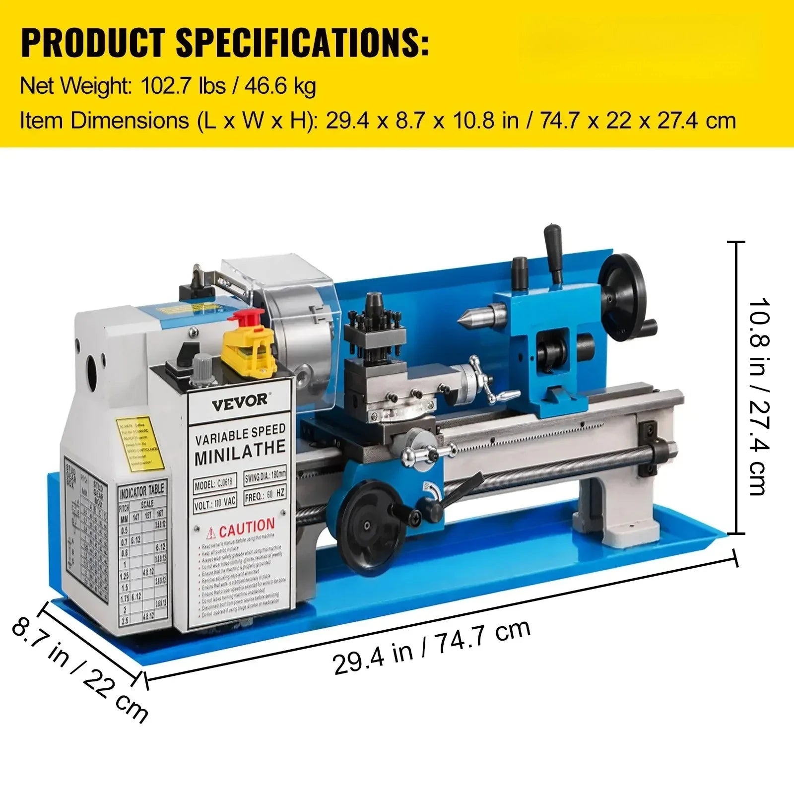 Sihao Lathe Mini Tornio Metalli 550W 180x350 7x14 Nylon Gear