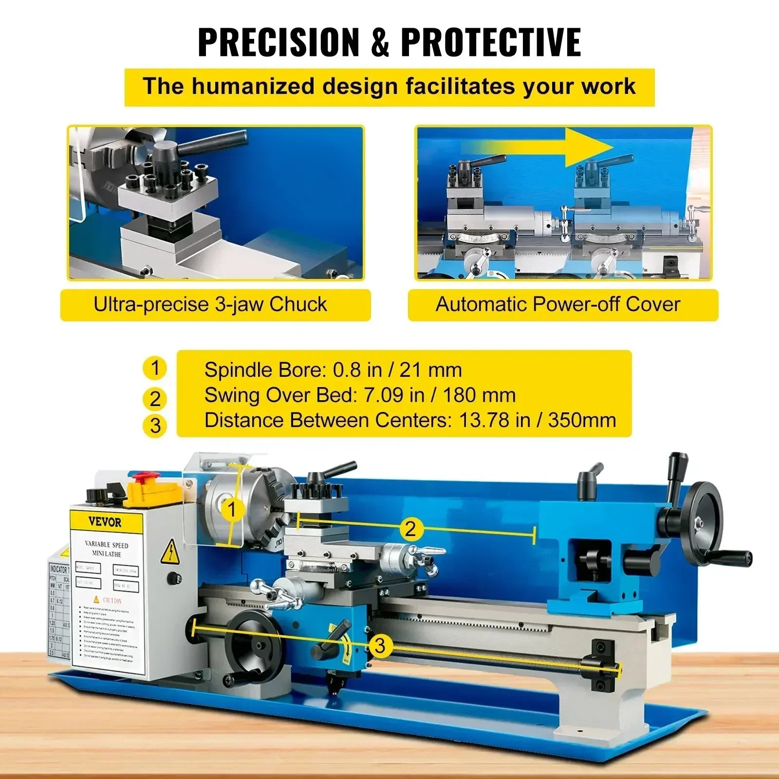 Sihao Lathe Mini Tornio Metalli 550W 180x350 7x14 Nylon Gear