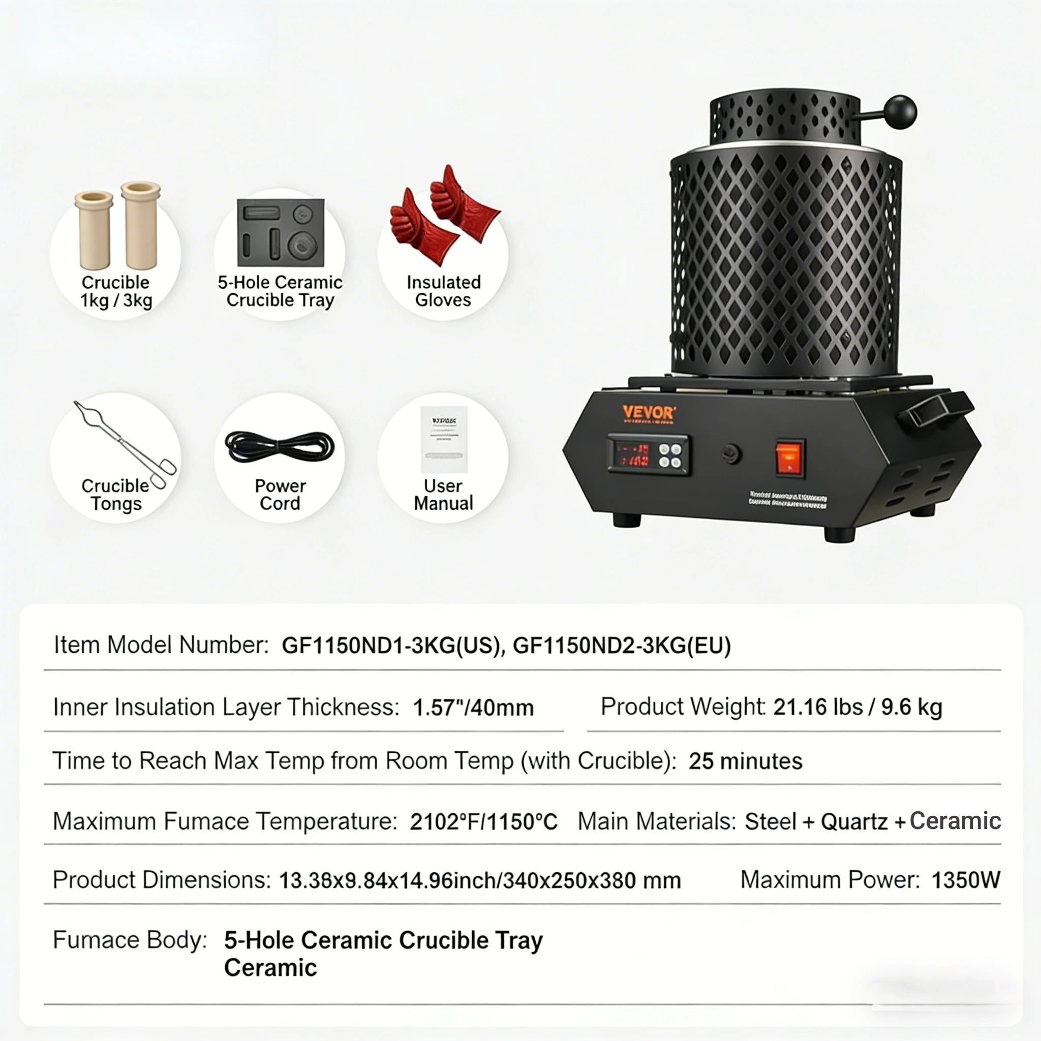 Sihao Forno fusorio elettrico 1350W per oro argento alluminio