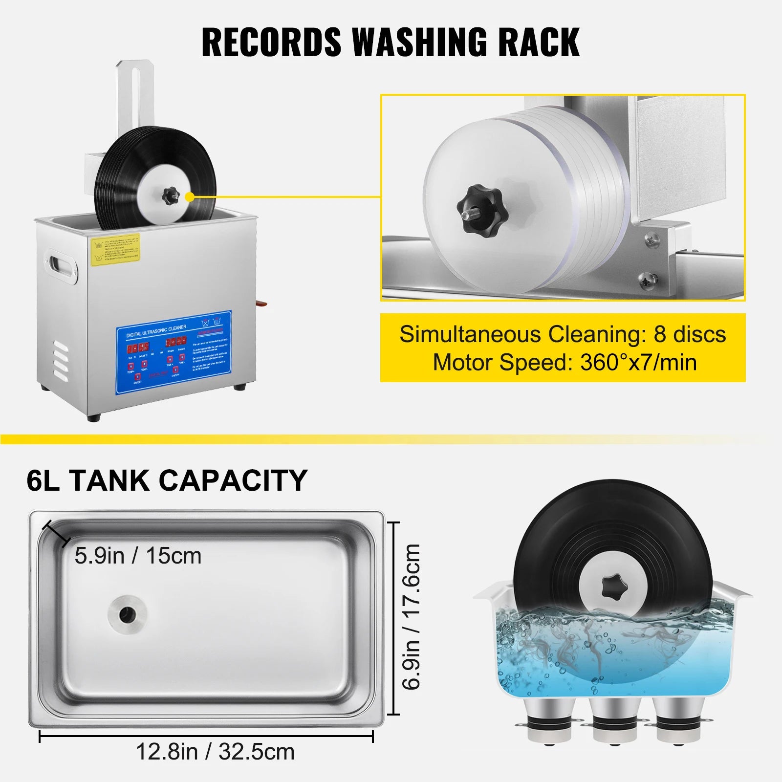 Sihao Ultrasonic Cleaners 6L 180W pulitore vinili 40kHz con rack