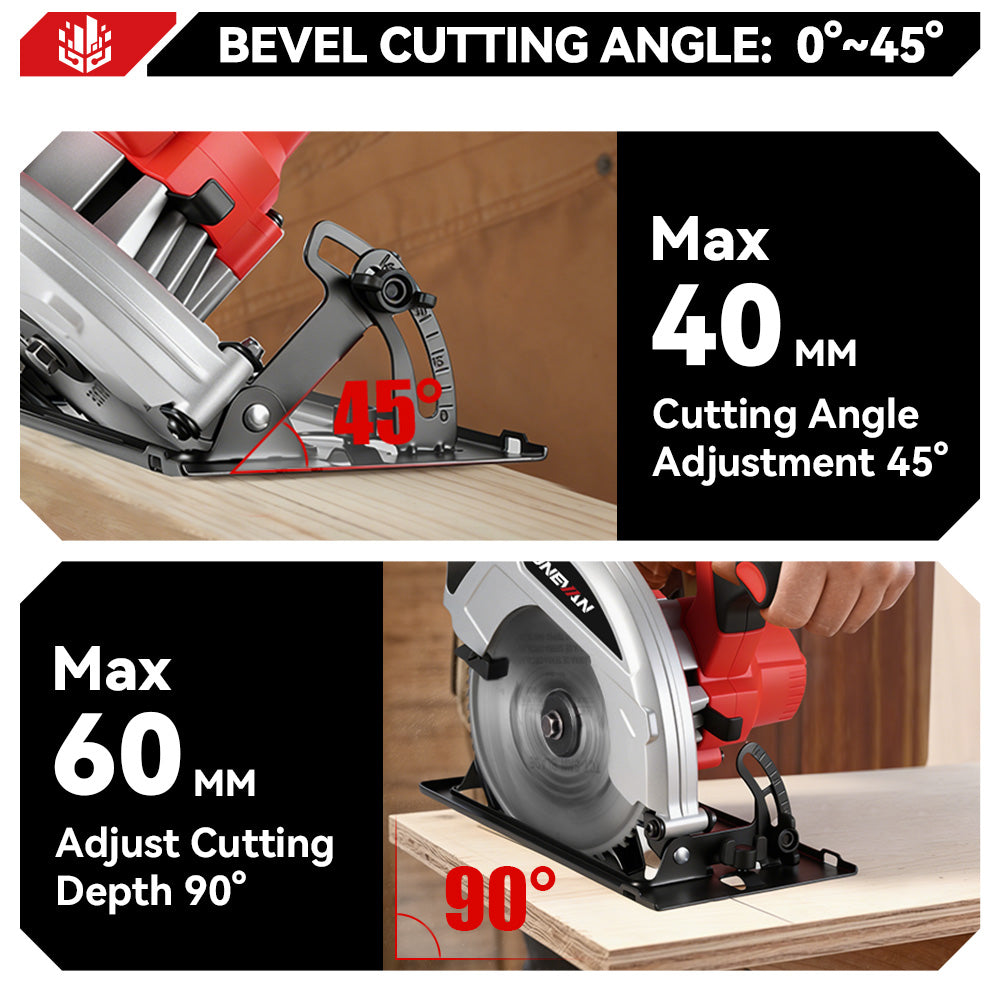 ONEVAN Woodworking Tools sega circolare 185mm 2 batterie 60 denti