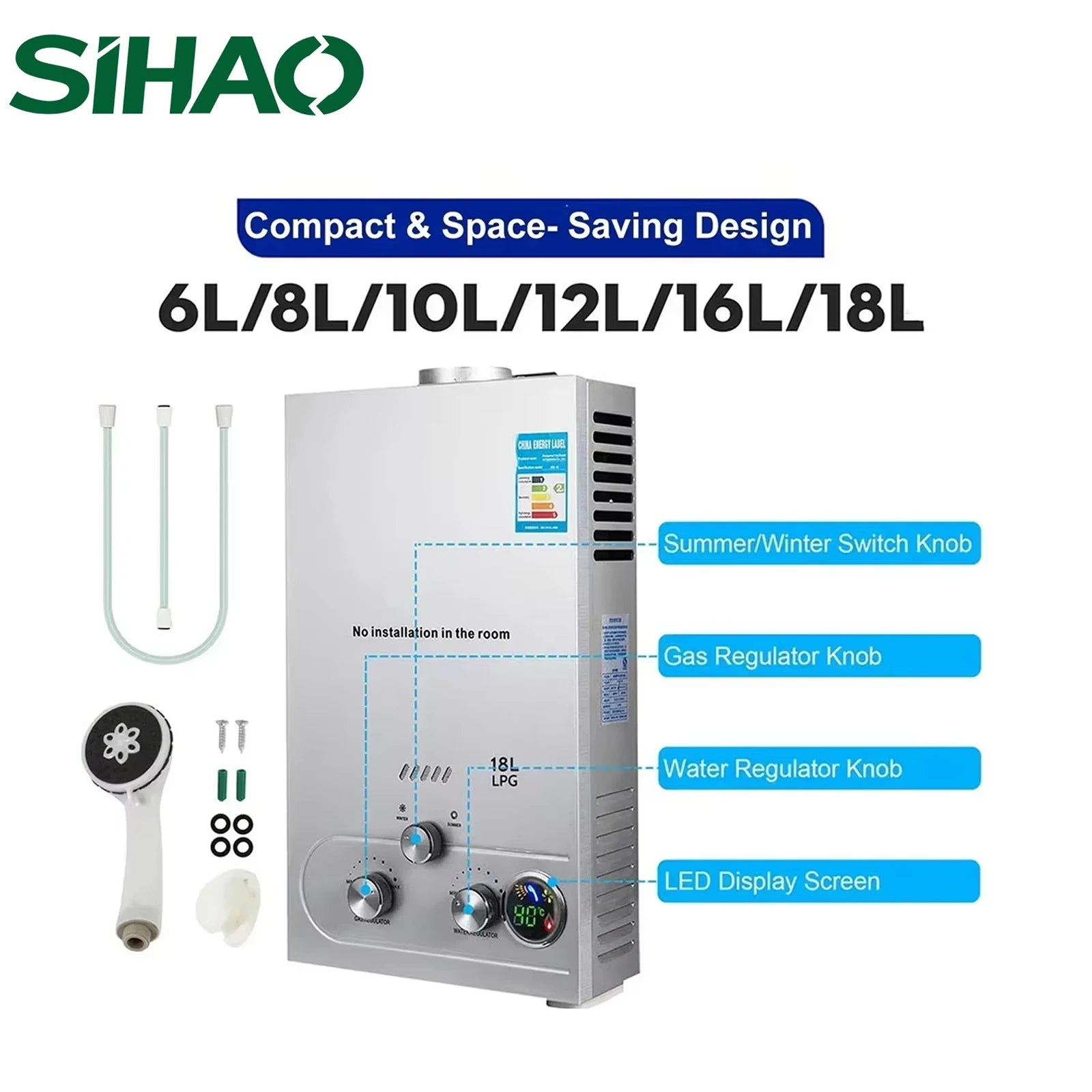 Sihao Scaldabagno gas GPL 12L da parete inox
