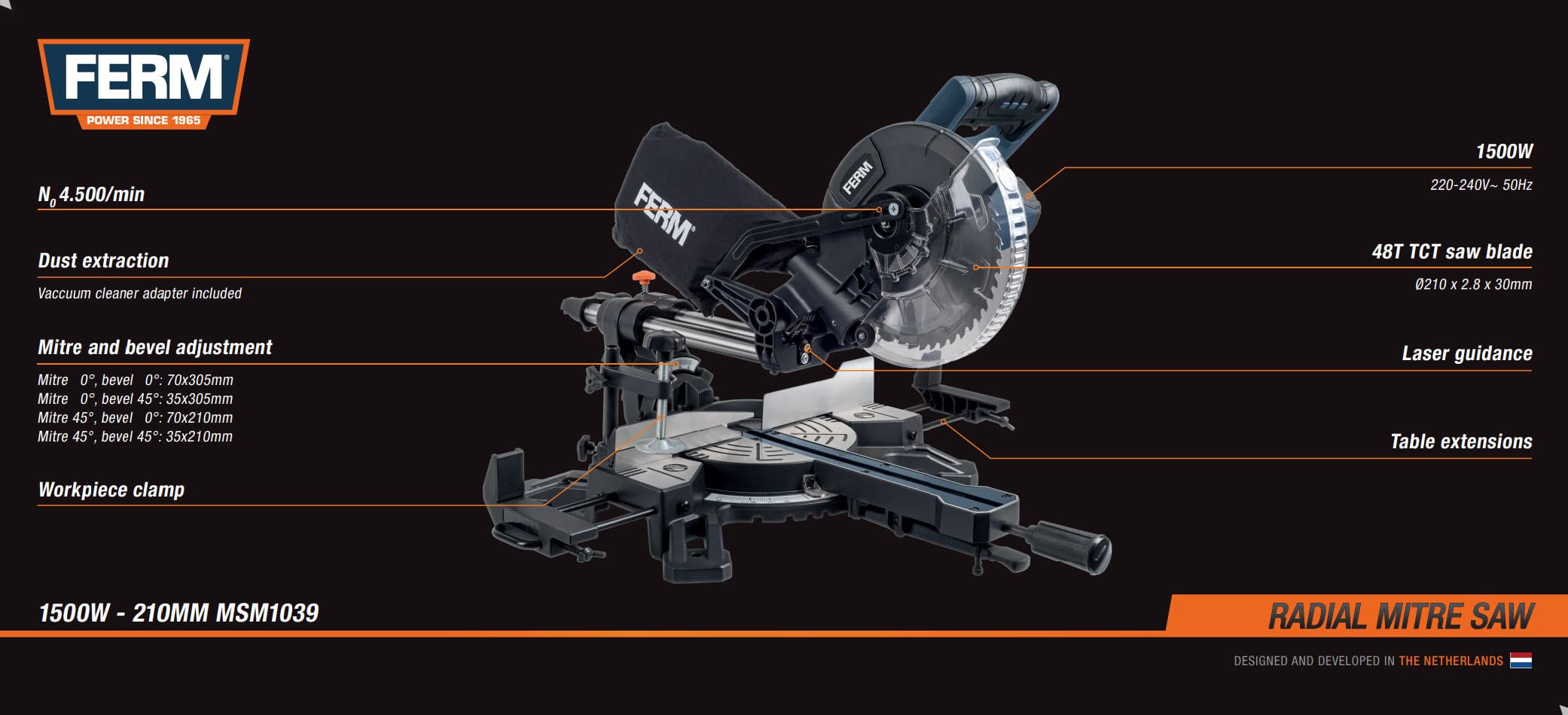 FERM MSM1039 Troncatrice Radiale 1500W 210mm con Laser