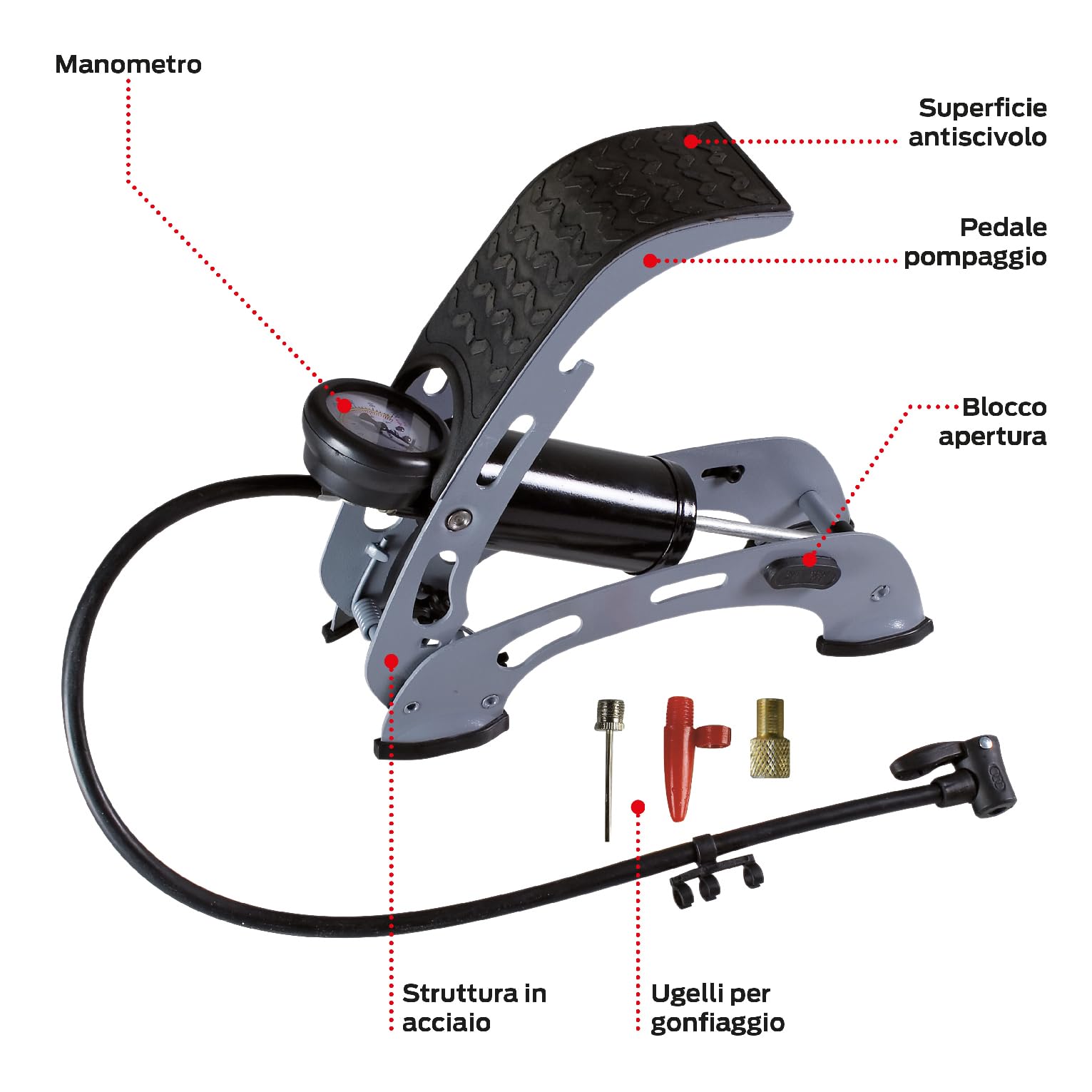 Valex Auto Pompa a Pedale con Manometro Adattatori Bici Acciaio
