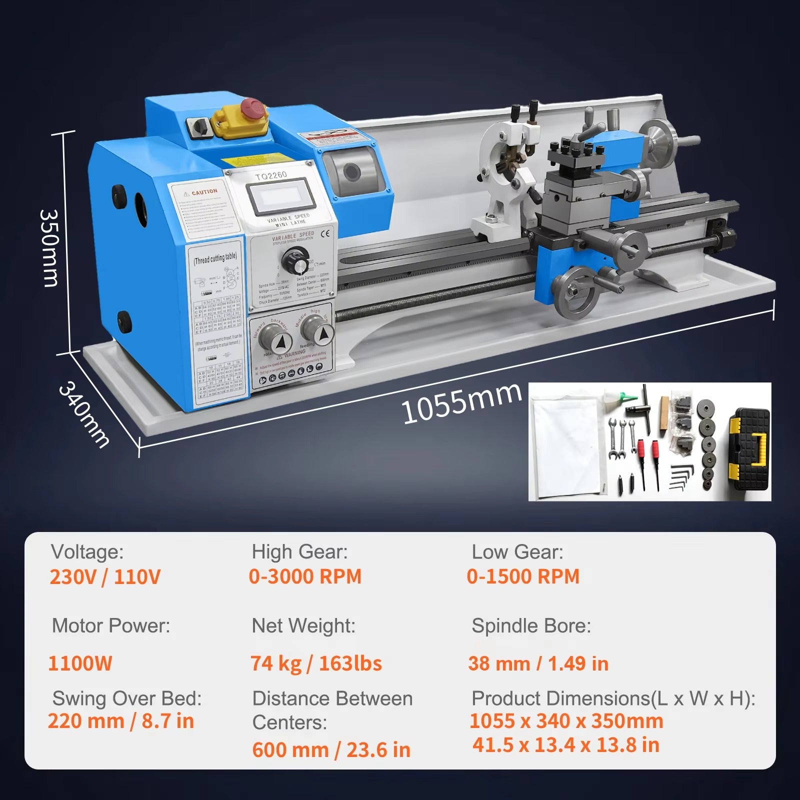 Sihao Lathe 220x600 mm Tornio Metalli 1100W Velocità Variabile