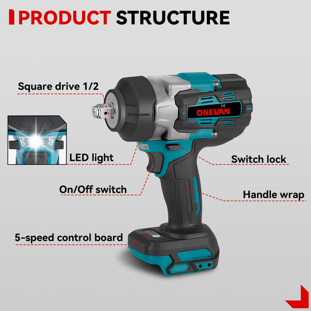 ONEVAN Cordless Tool Set Avvitatore Impulsi 1/2" 4 Pezzi Brushless 3.0Ah EU