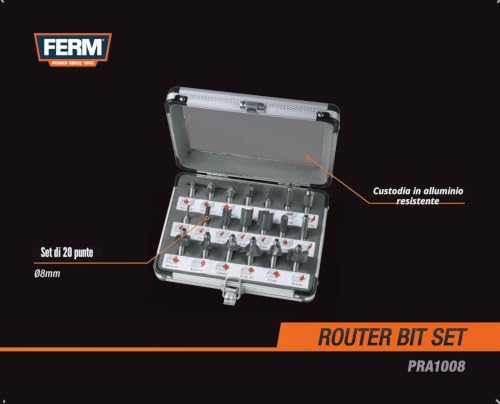 FERM PRA1008 set frese legno 20 pezzi gambo 8 mm metallo duro