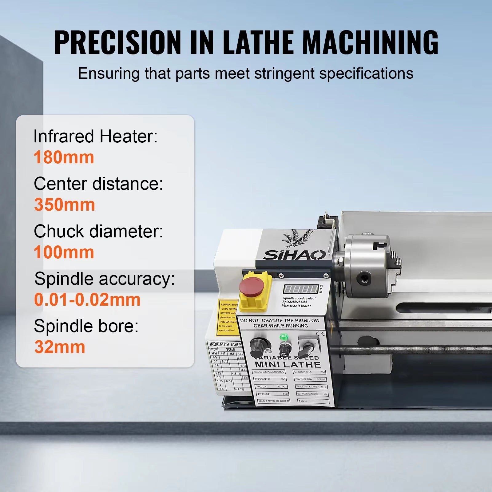 Sihao Lathe 180x350 tornio metalli 750W 220V senza logo