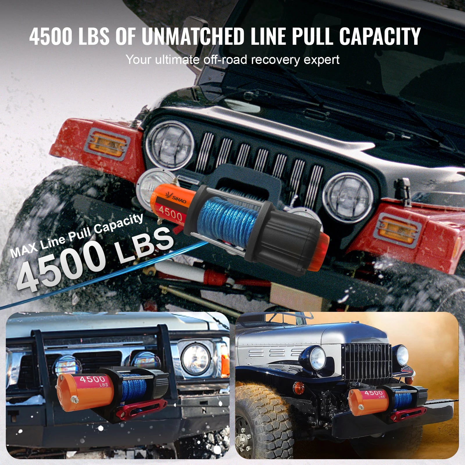 Sihao Winches Verricello Elettrico 12V 4500lbs Corda Nylon
