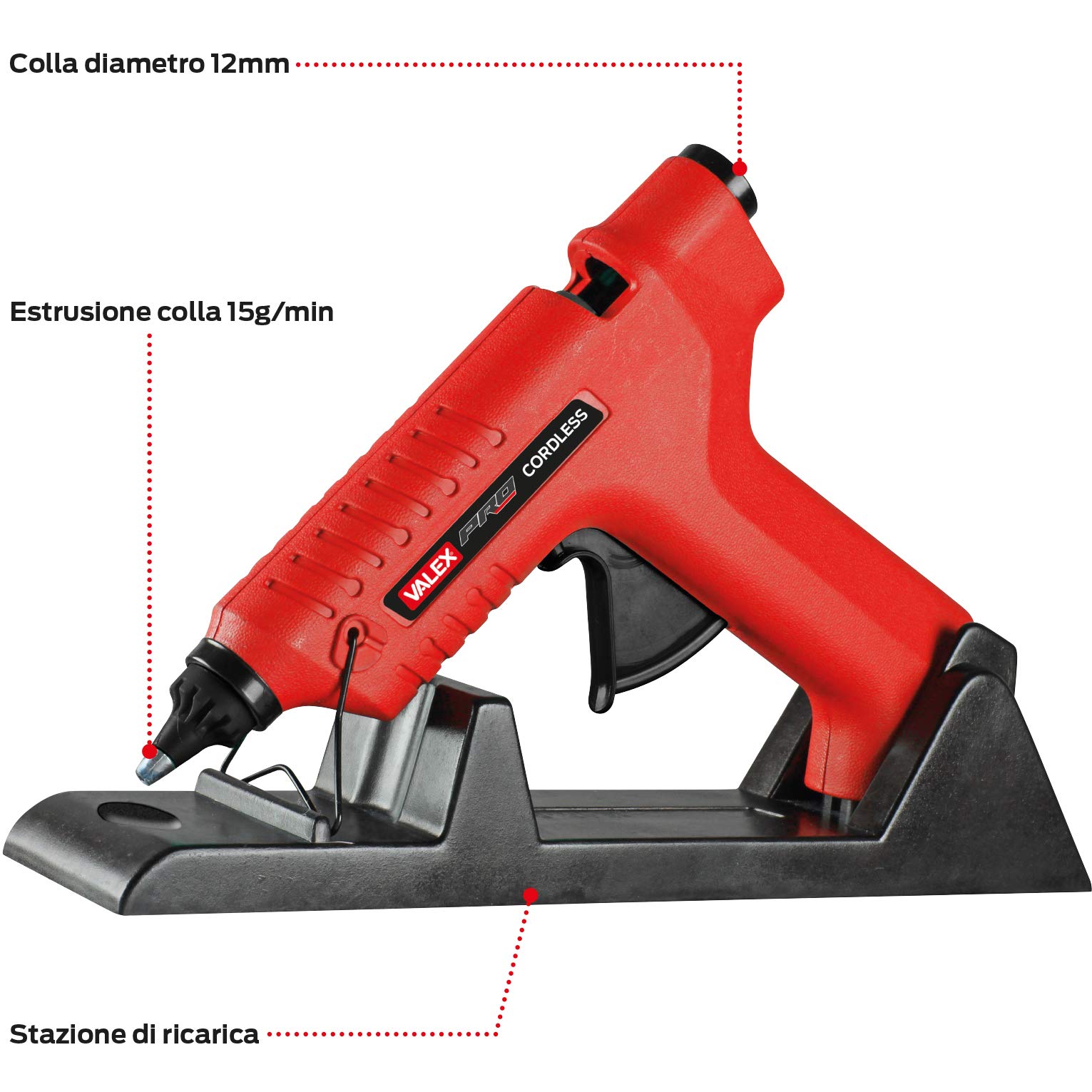 Valex Pistola Termocollante 80W senza Filo con Base 12mm
