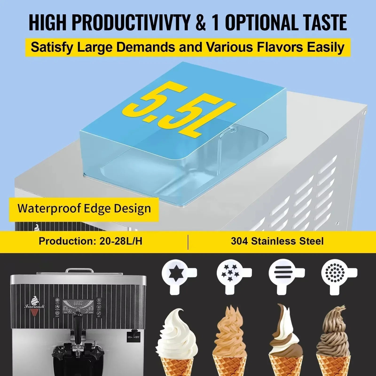Sihao Ice Cream Maker Macchina gelato soft 5,5L 18-22L/H 2200W