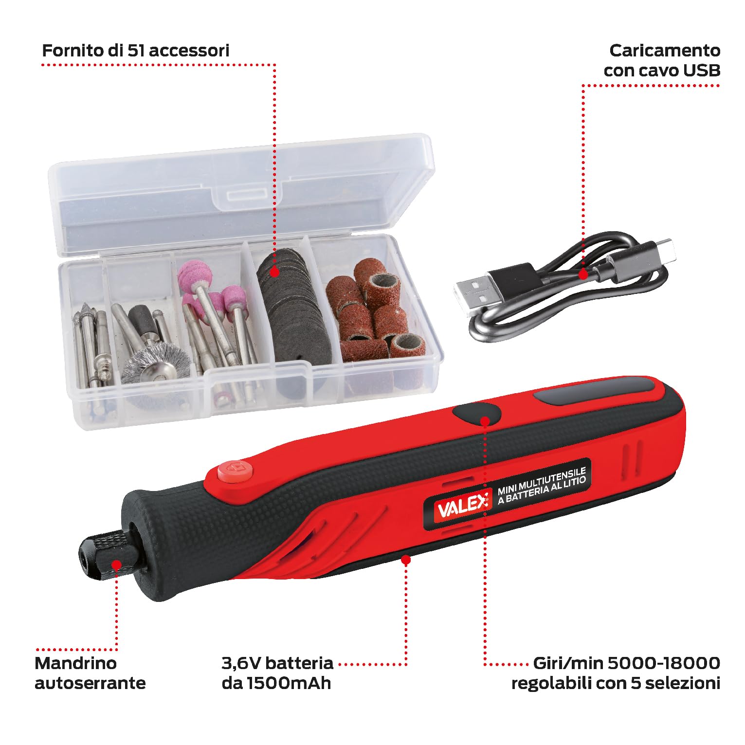 Valex Mini multiutensile a stelo 3,6V 51 accessori USB
