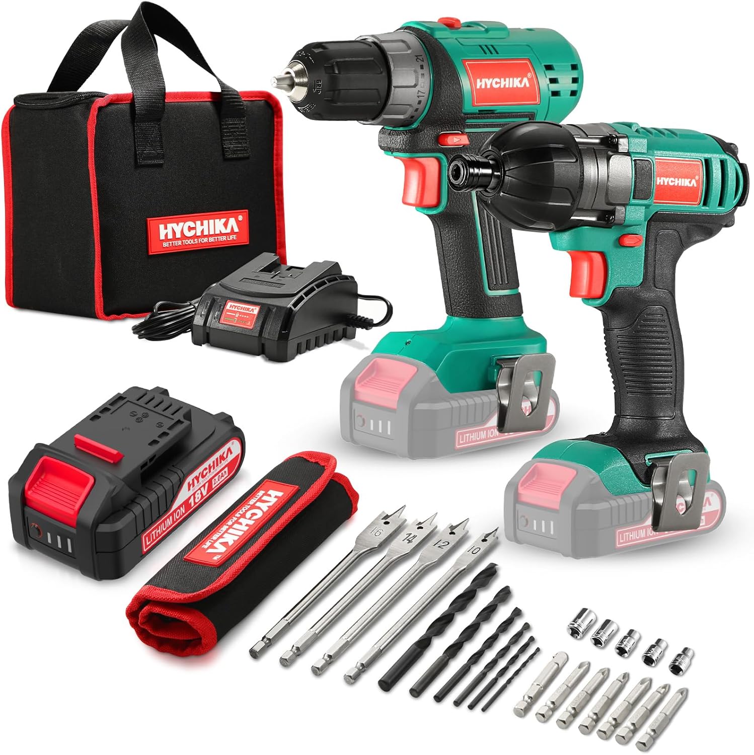 HYCHIKA Drills & Drivers kit trapano + avvitatore 18V 160Nm 2 batterie