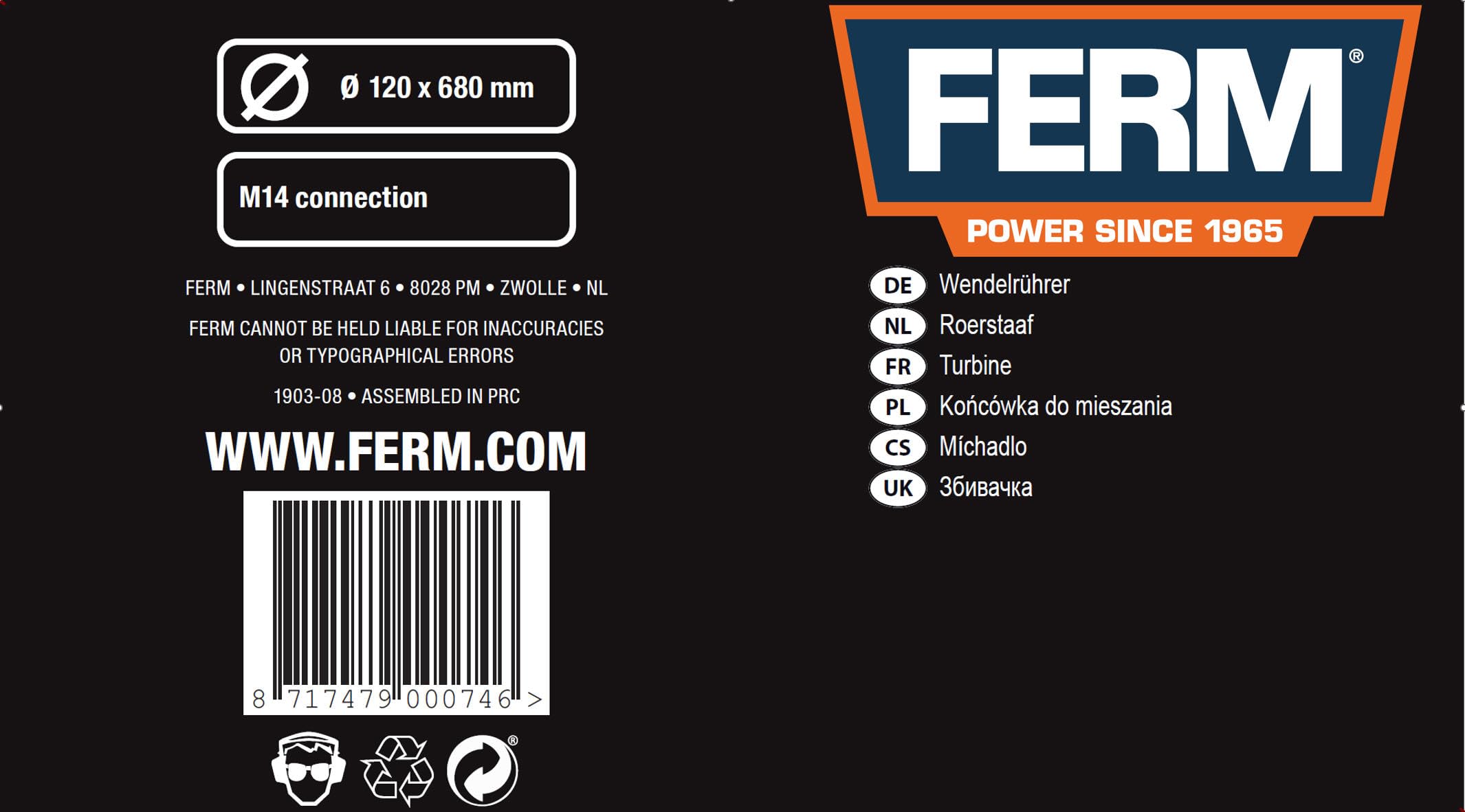 Ferm frusta miscelatore 120x680mm materiali viscosi
