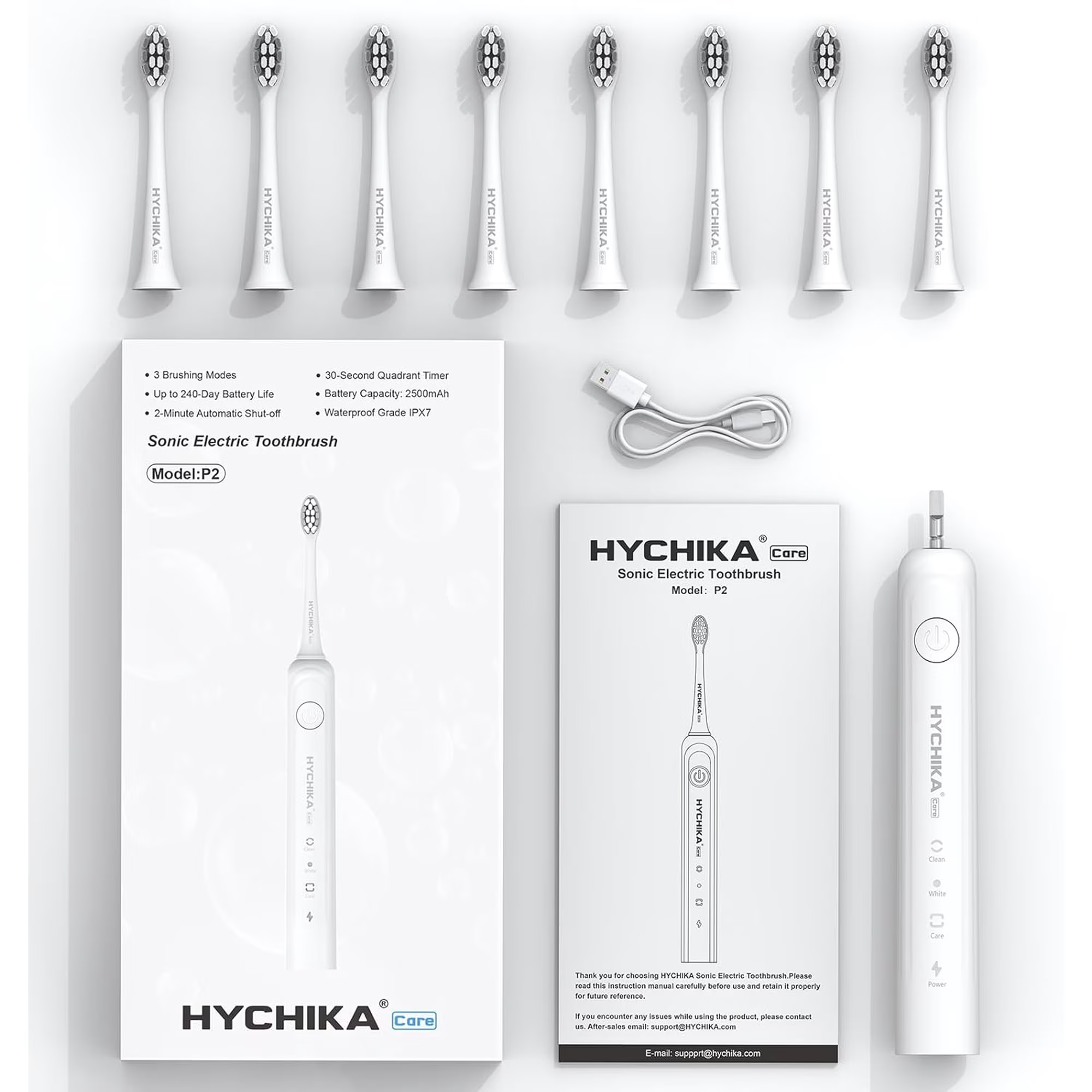 HYCHIKA Spazzolino Elettrico Bianco 8 Testine Ricaricabile