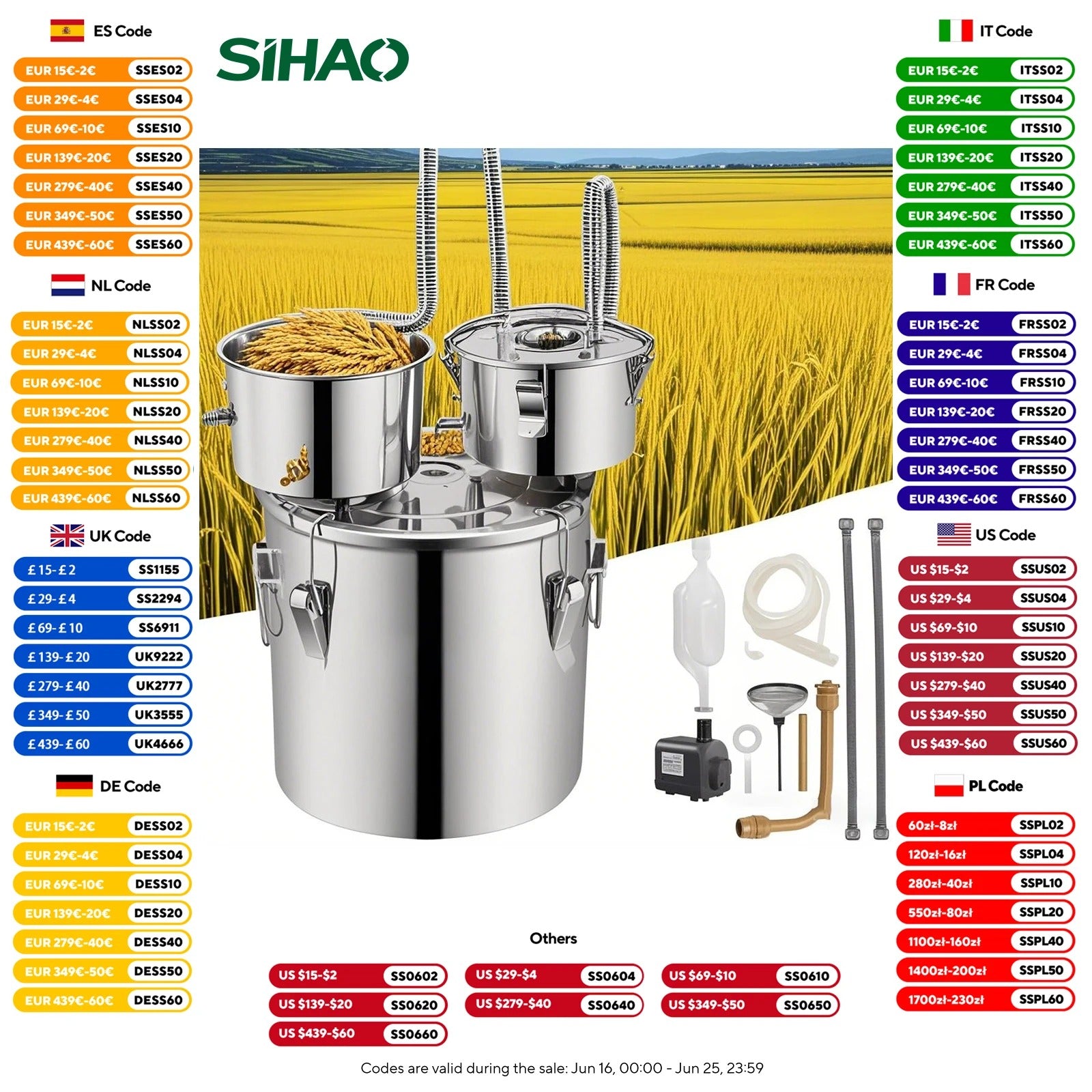 Sihao Distillatore alambicco rame inox 30L termometro