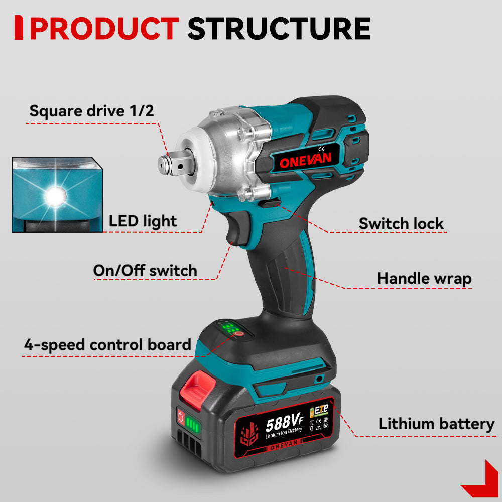 ONEVAN Automotive Tools chiave impulsi 1/2" 520Nm 2 batterie EU