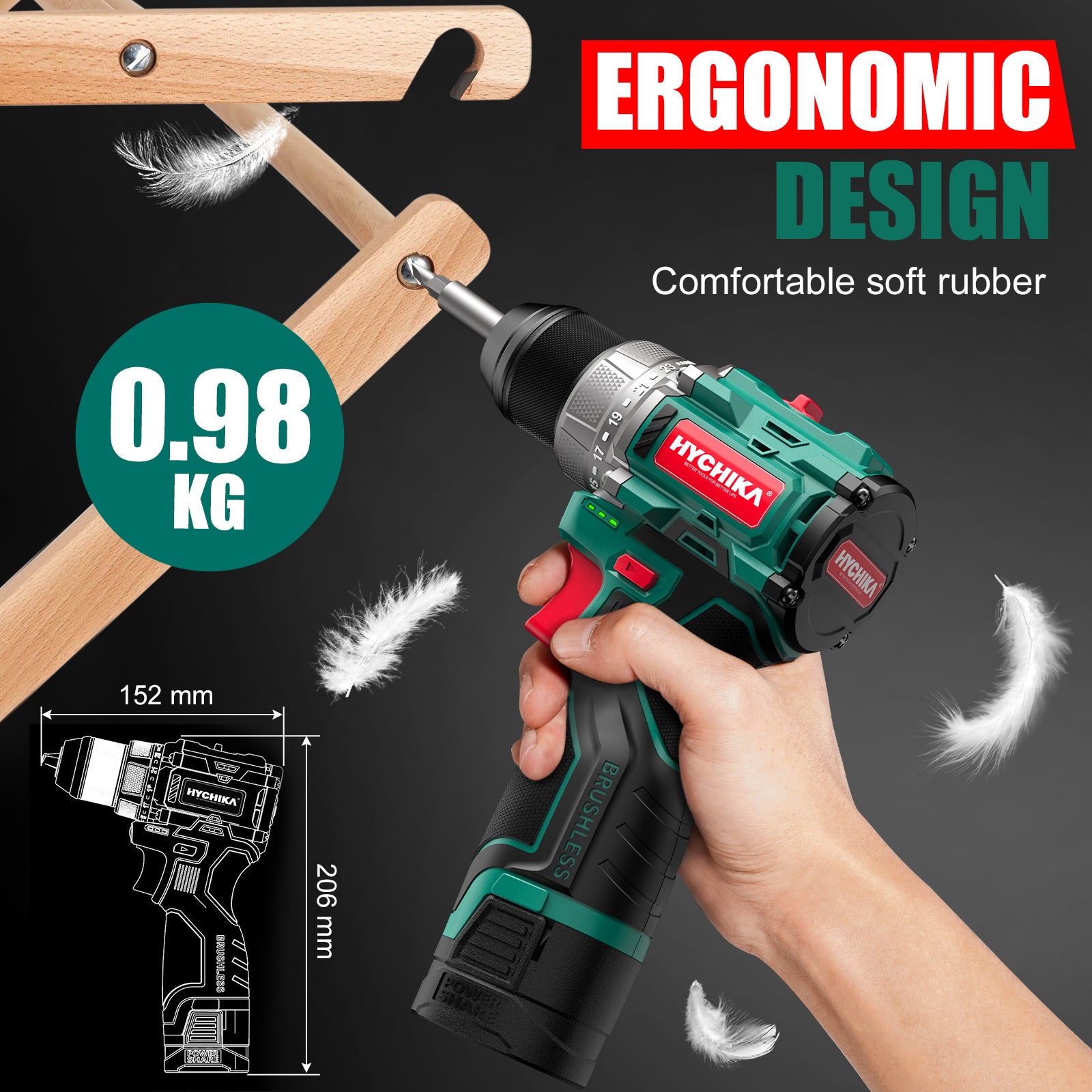 HYCHIKA trapano avvitatore brushless 16,8V 45Nm mandrino 10mm 53pz
