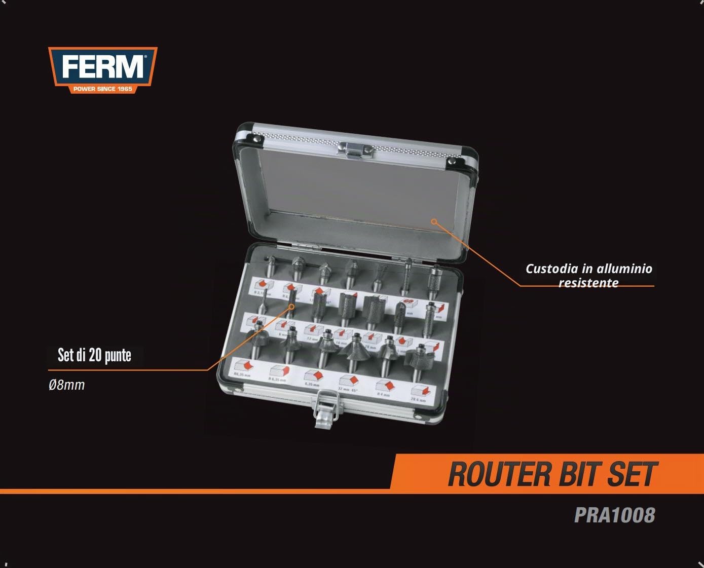 FERM PRA1008 set frese legno 20 pezzi gambo 8 mm metallo duro
