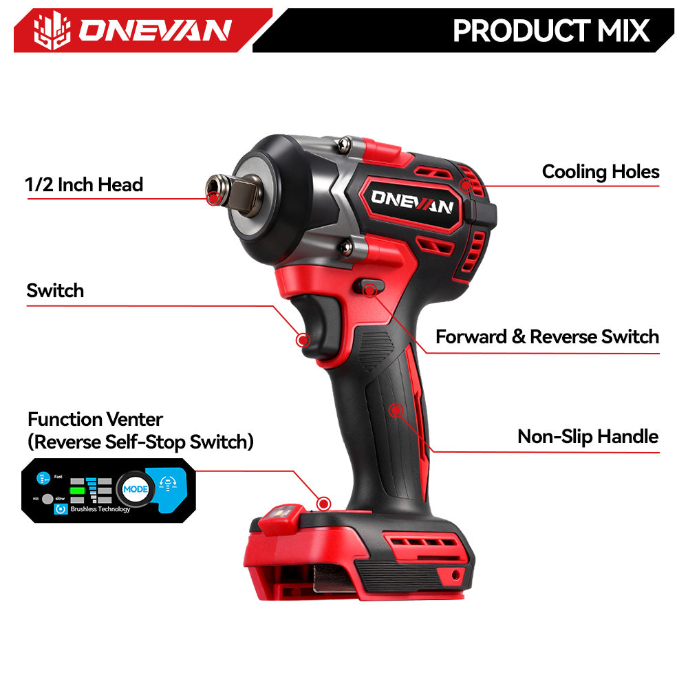 ONEVAN Automotive Tools Chiave a Impulsi 1/2" 500Nm Rossa 18V