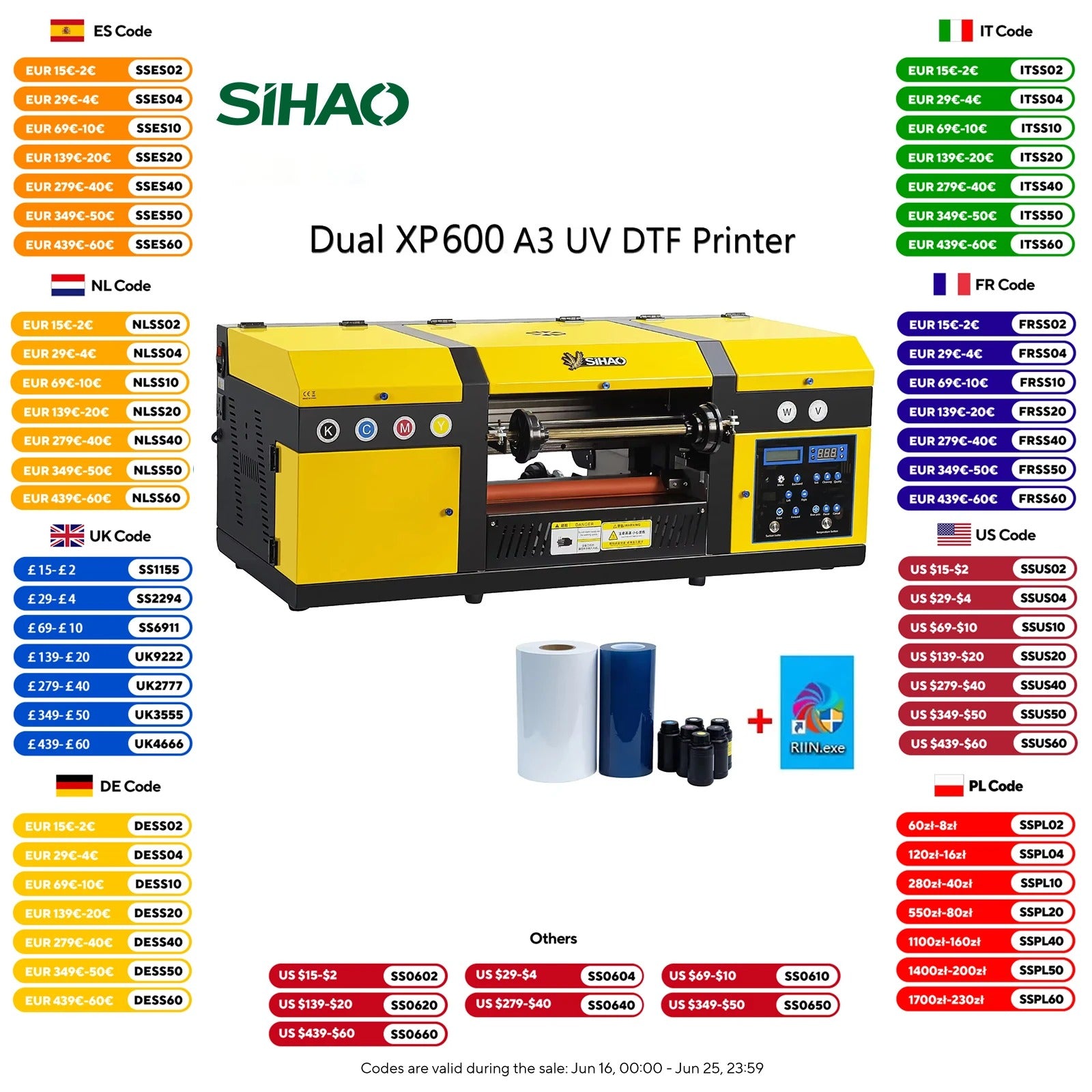 Sihao XP600 Stampante UV DTF A3 4 Colori 220V