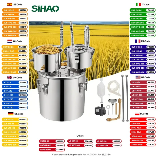 Sihao Distillatore alambicco rame inox 30L termometro