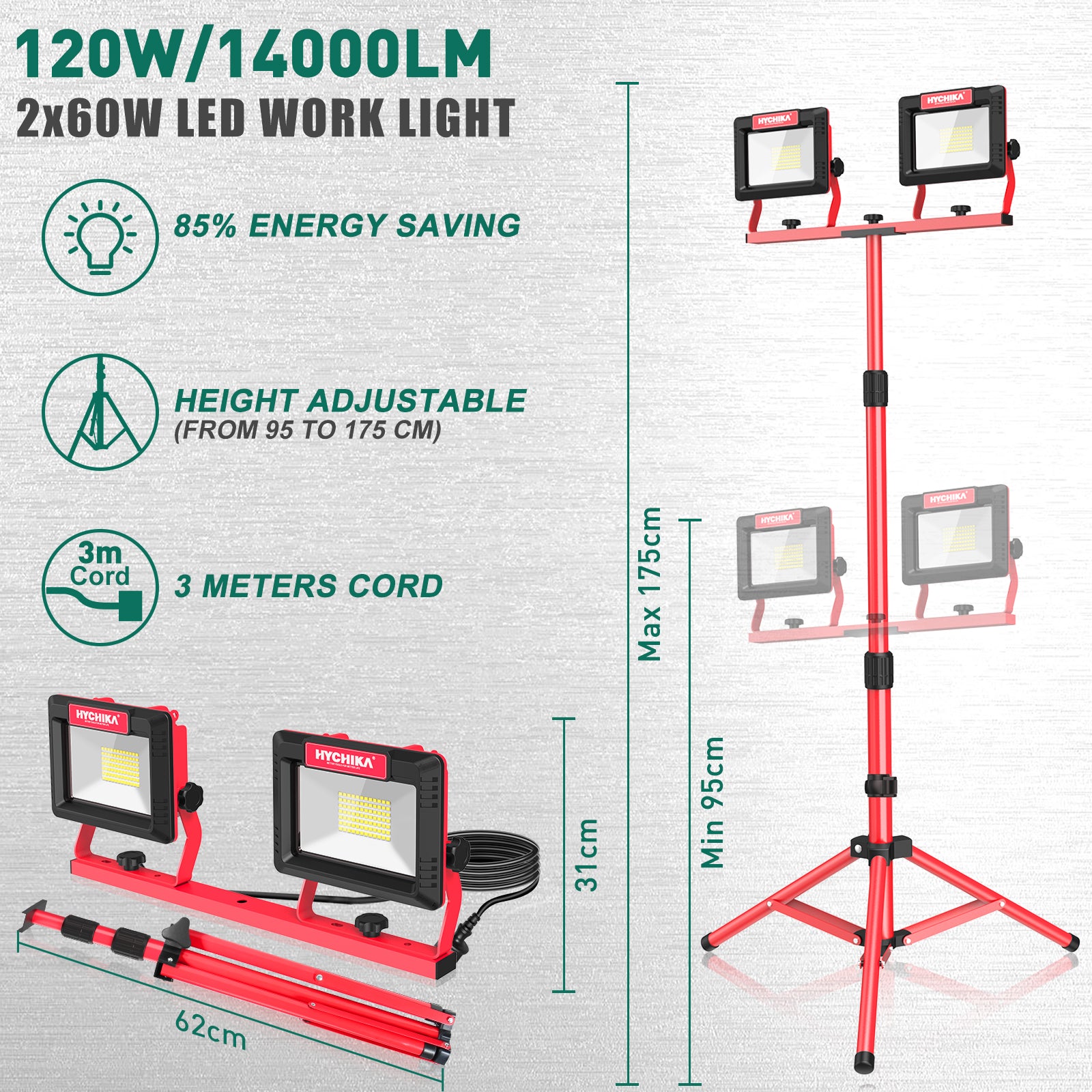 HYCHIKA Faro LED Cantiere Treppiede 2x60W 14000lm