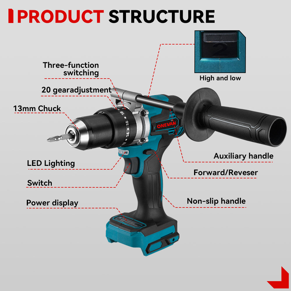 ONEVAN Cordless Tool Set Trapano 13mm Pialla Kit 3Ah EU