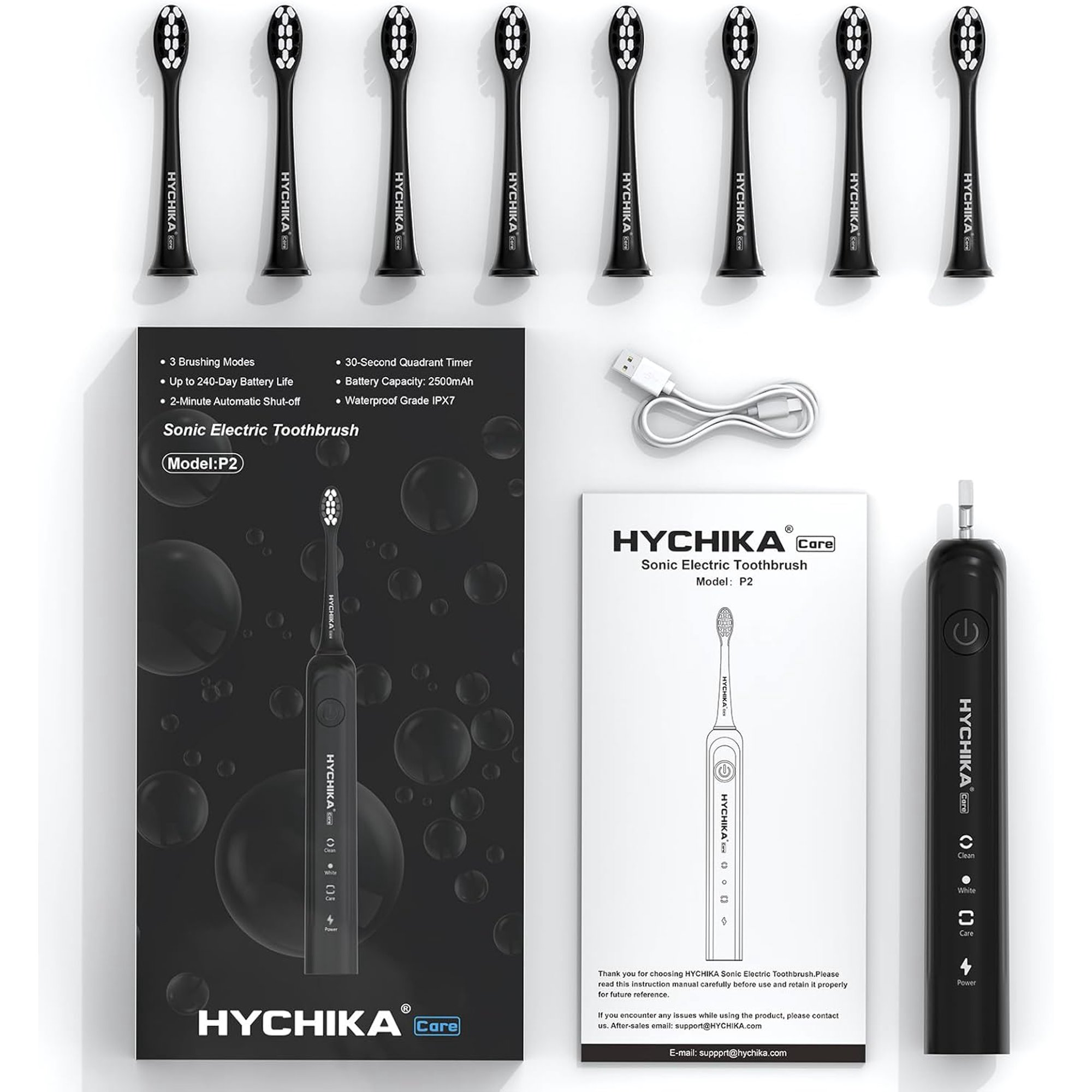HYCHIKA Spazzolino Elettrico Nero 8 Testine 2500 mAh