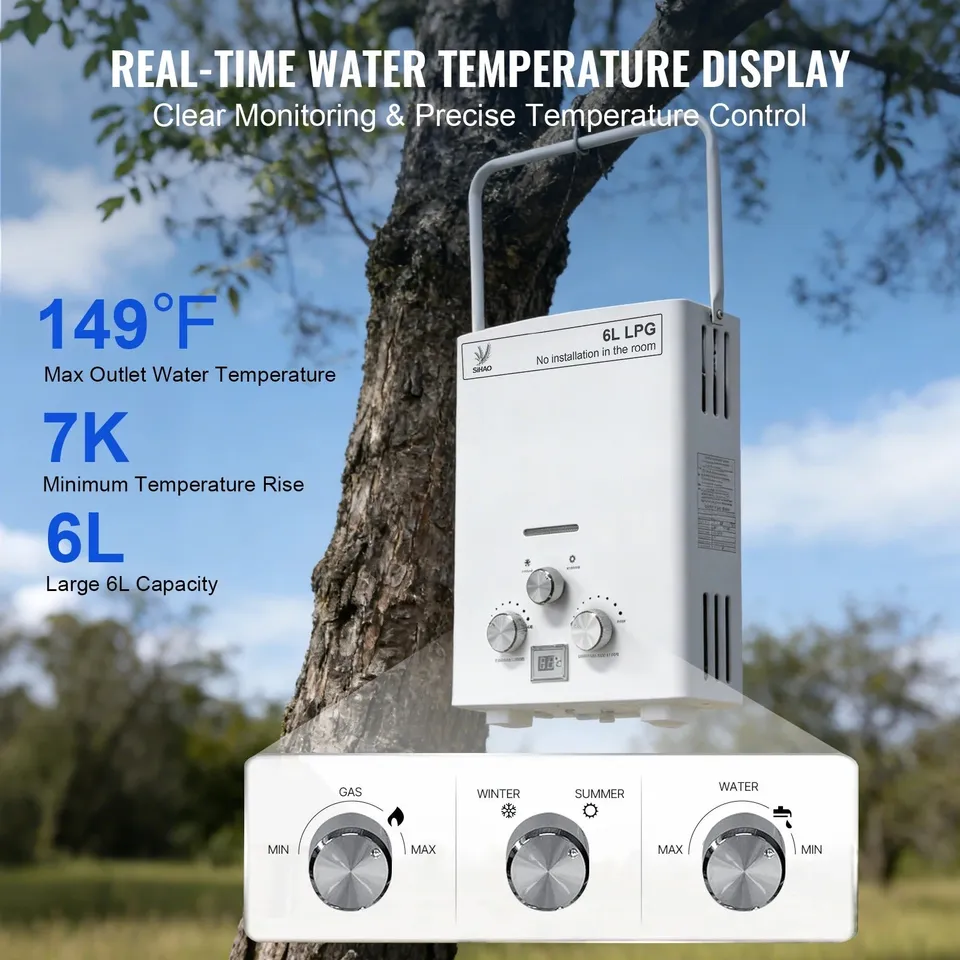 SIHAO Scaldabagno a gas 6L portatile GPL Tipo A display