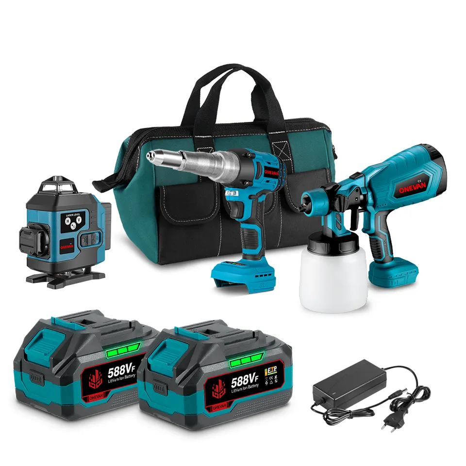 ONEVAN Kit 3pz Pistola Vernice+Livella Laser+Rivettatrice 21V