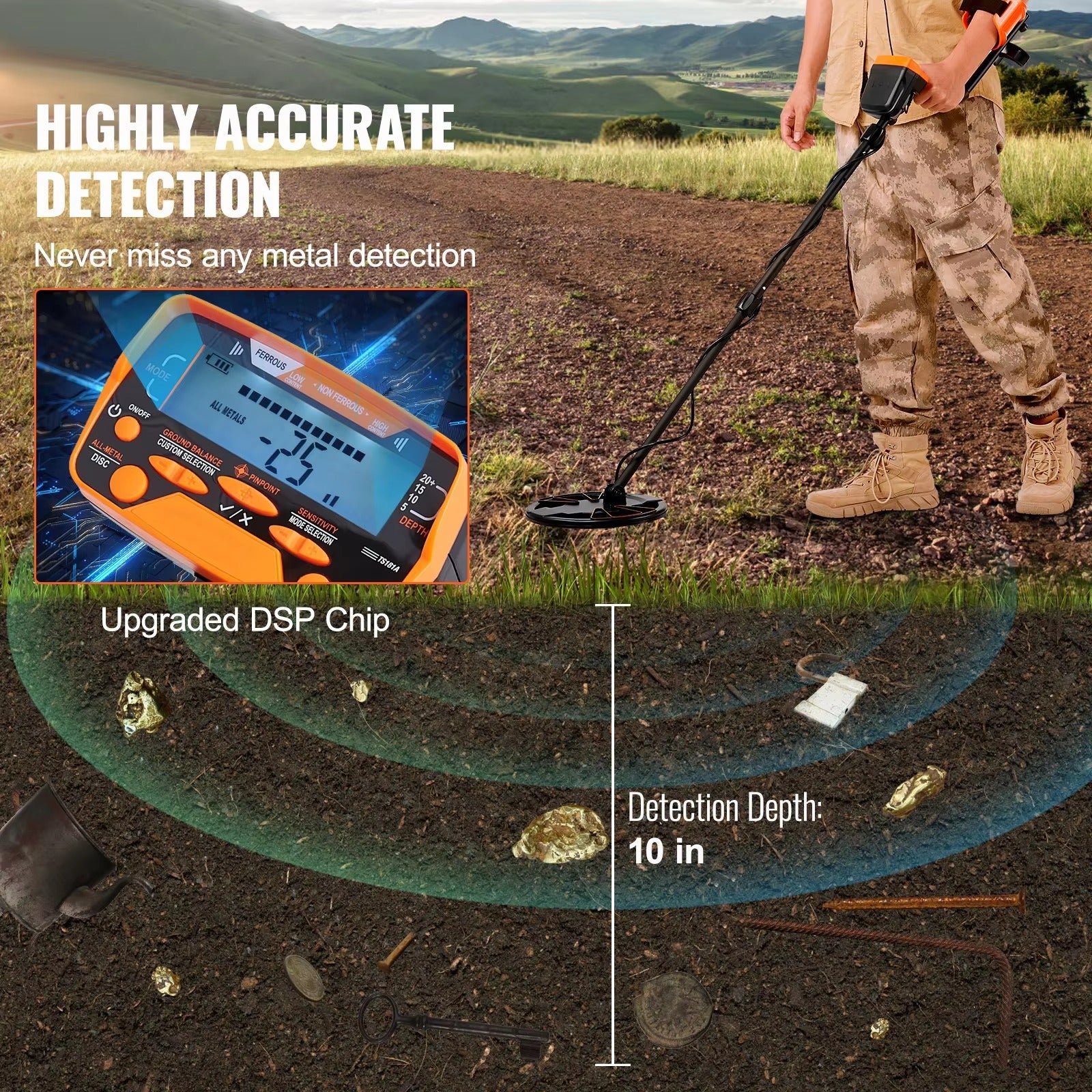 Sihao DSP metal detector 10" LCD 7 modalità asta 104-132cm