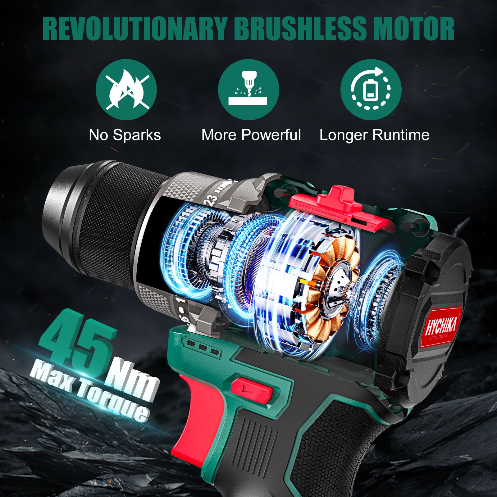 HYCHIKA trapano avvitatore brushless 16,8V 45Nm mandrino 10mm 53pz