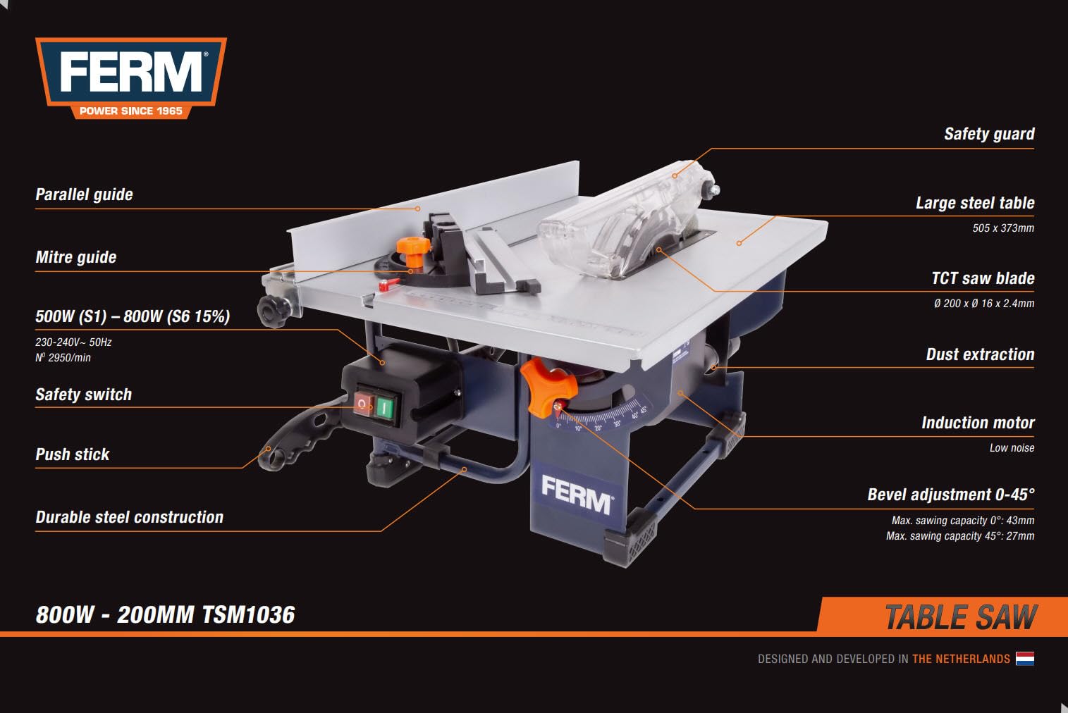 FERM TSM1036 sega da tavolo 800W lama 200 mm