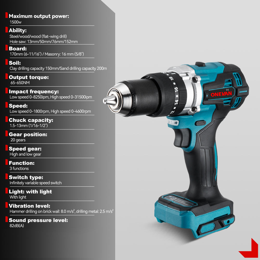 ONEVAN Cordless Tool Set Trapano 13mm Pialla Kit 3Ah EU